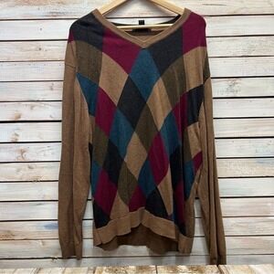 Vintage Argyle Grandpa Sweater XL Cotton Preppy Retro V Neck